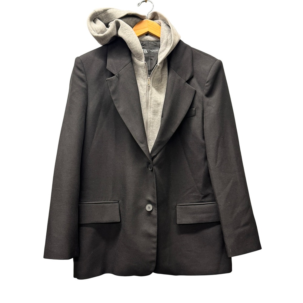 Zara Blazer Womens Medium Hooded Layered Black Gray Oversized Jacket